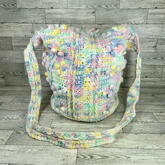 Crocheted ￼Shoulder Purse Tote Handbag White Tiedye Colorful - Picture 2 of 7
